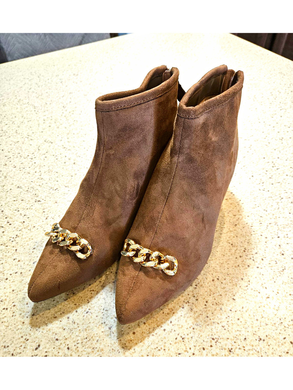 Impo Elicia Brown Suede Memory Foam Ankle Bootie Pointed Toe Chain Zip 7.5M